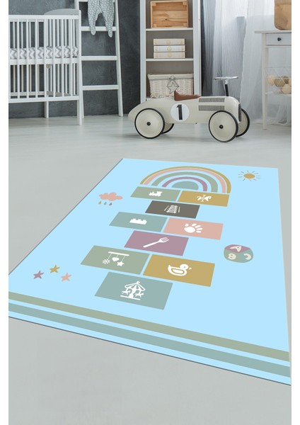 Dijital Baskılı Kaymaz Yıkanabilir Sek Sek Eğitici Çocuk Odası Oyun Halısı, Çocuk-31-Mavi, indirimleri