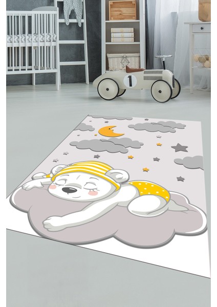 Dijital Baskılı Kaymaz Yıkanabilir Sevimli Ayıcık Desen Çocuk Odası Halısı, Çocuk-34-Gri, fırsatları