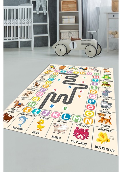 Ingilizce Harf ve Hayvan Temalı Eğitici Çocuk Odası Oyun Halısı, Çocuk-44-Krem, modelleri