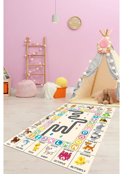 Ingilizce Harf ve Hayvan Temalı Eğitici Çocuk Odası Oyun Halısı, Çocuk-44-Krem, fırsatları