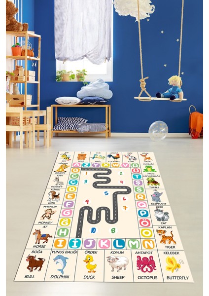 Ingilizce Harf ve Hayvan Temalı Eğitici Çocuk Odası Oyun Halısı, Çocuk-44-Krem, indirimleri