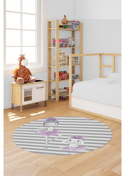 Dijital Kaymaz Yıkanabilir Balerin Kız Desenli Yuvarlak Çocuk Odası Halısı, Y-Çocuk-09-Mor,