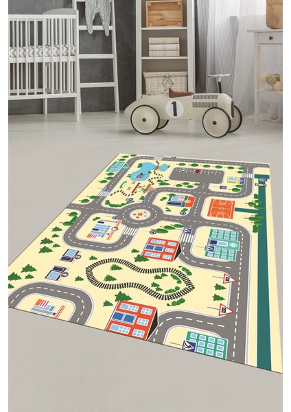 Trafik Yollu Arabalı Yıkanabilir Eğlendirici Çocuk Odası Oyun Halısı, Çocuk-47-Krem, fiyatları
