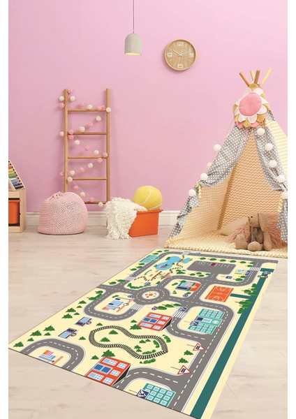 Trafik Yollu Arabalı Yıkanabilir Eğlendirici Çocuk Odası Oyun Halısı, Çocuk-47-Krem, modelleri