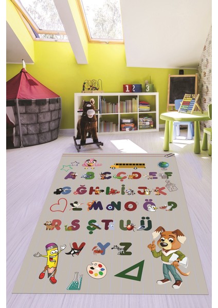 Dijital Baskılı Kaymaz Yıkanabilir Alfabe Eğitici Çocuk Odası Oyun Halısı, Çocuk-33-Gri,