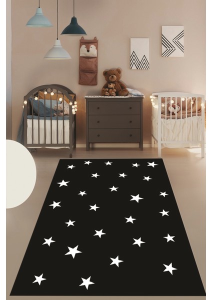 Dijital Baskılı Kaymaz Yıkanabilir Yıldız Desen Çocuk Odası Oyun Halısı, Çocuk-32-Siyah, modelleri