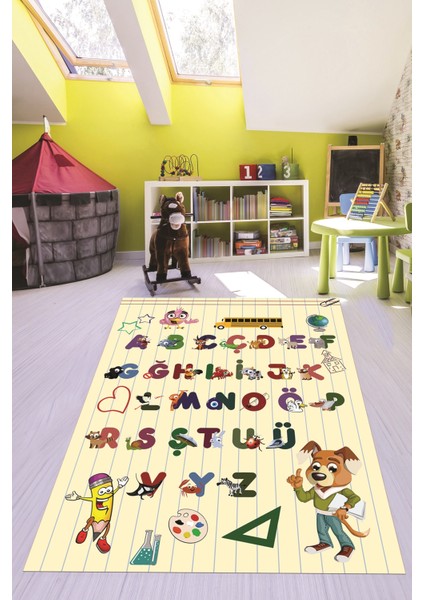 Dijital Baskılı Kaymaz Yıkanabilir Alfabe Eğitici Çocuk Odası Oyun Halısı, Çocuk-33-Krem,