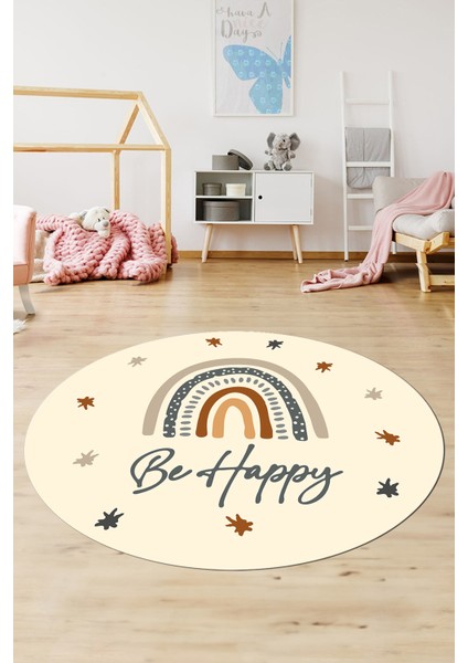 Kaymaz Taban Yıkanabilir Be Happy Yazılı Gökküşağı Desen Yuvarlak Çocuk Halısı, Y-Çocuk-14-Krem, modelleri
