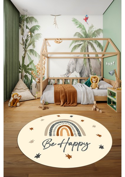 Kaymaz Taban Yıkanabilir Be Happy Yazılı Gökküşağı Desen Yuvarlak Çocuk Halısı, Y-Çocuk-14-Krem, fırsatları