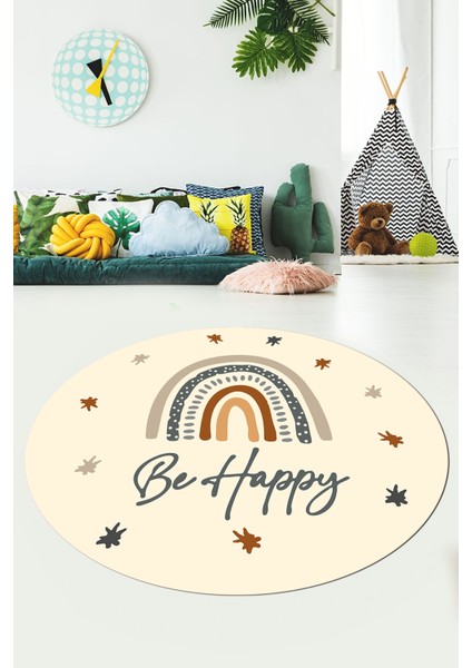 Kaymaz Taban Yıkanabilir Be Happy Yazılı Gökküşağı Desen Yuvarlak Çocuk Halısı, Y-Çocuk-14-Krem, indirimleri
