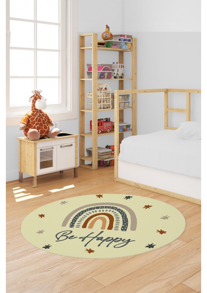 Kaymaz Taban Yıkanabilir Be Happy Yazılı Gökküşağı Desen Yuvarlak Çocuk Halısı, Y-Çocuk-14-Sarı,