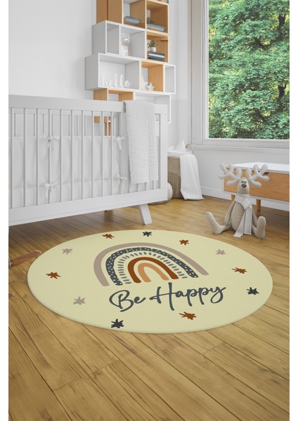 Kaymaz Taban Yıkanabilir Be Happy Yazılı Gökküşağı Desen Yuvarlak Çocuk Halısı, Y-Çocuk-14-Sarı, fiyatları