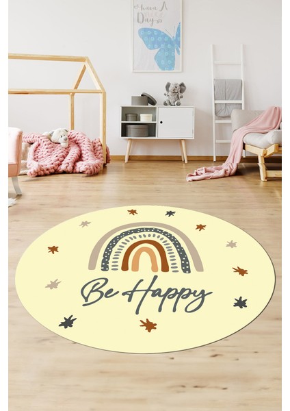 Kaymaz Taban Yıkanabilir Be Happy Yazılı Gökküşağı Desen Yuvarlak Çocuk Halısı, Y-Çocuk-14-Sarı, modelleri