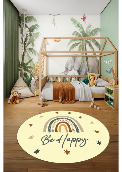 Kaymaz Taban Yıkanabilir Be Happy Yazılı Gökküşağı Desen Yuvarlak Çocuk Halısı, Y-Çocuk-14-Sarı, fırsatları