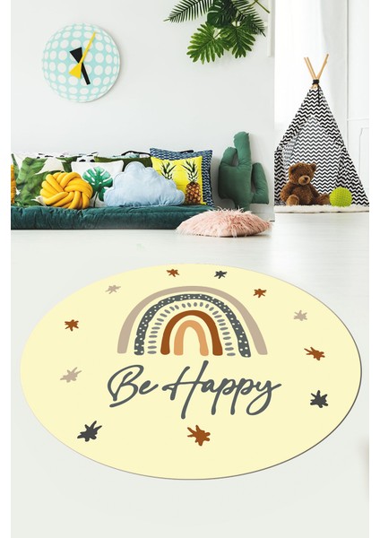 Kaymaz Taban Yıkanabilir Be Happy Yazılı Gökküşağı Desen Yuvarlak Çocuk Halısı, Y-Çocuk-14-Sarı, indirimleri