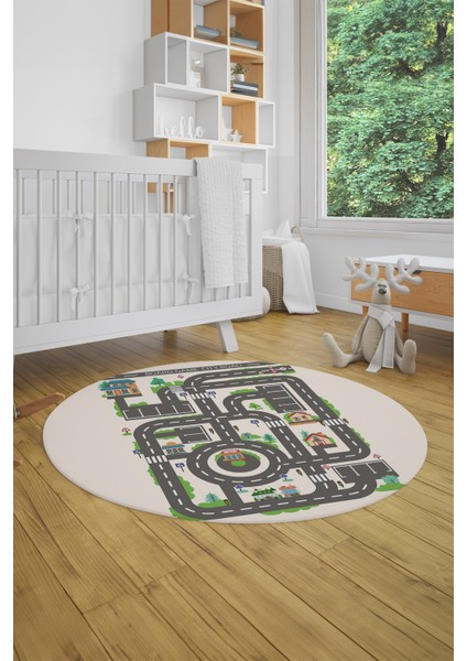 Kaymaz Taban Yıkanabilir Trafik Yol Desen Eğlendirici Yuvarlak Çocuk Odası Halısı, Y-Çocuk-17-Krem,