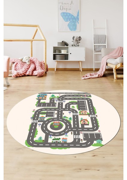 Kaymaz Taban Yıkanabilir Trafik Yol Desen Eğlendirici Yuvarlak Çocuk Odası Halısı, Y-Çocuk-17-Krem, fiyatları