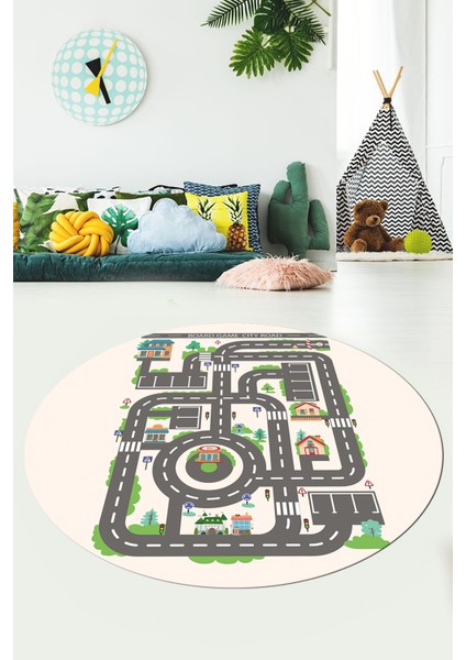 Kaymaz Taban Yıkanabilir Trafik Yol Desen Eğlendirici Yuvarlak Çocuk Odası Halısı, Y-Çocuk-17-Krem, fırsatları