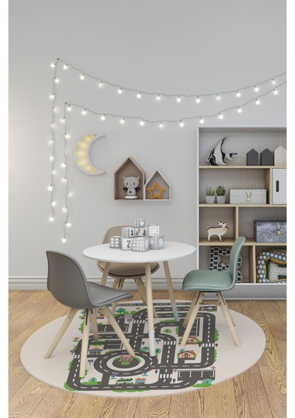 Kaymaz Taban Yıkanabilir Trafik Yol Desen Eğlendirici Yuvarlak Çocuk Odası Halısı, Y-Çocuk-17-Krem, indirimleri