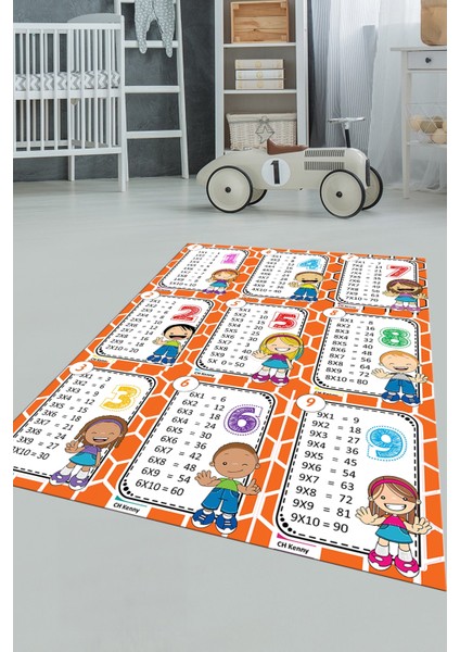 Çarpım Tablosu Temalı Yıkanabilir Eğitici Çocuk Odası Oyun Halısı, Çocuk-45-Turuncu,