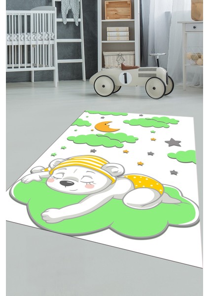 Dijital Baskılı Kaymaz Yıkanabilir Sevimli Ayıcık Desen Çocuk Odası Halısı, Çocuk-34-Yeşil, fırsatları