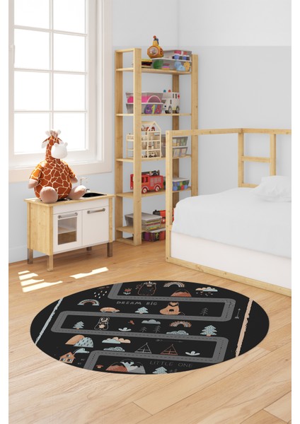 Kaymaz Taban Yıkanabilir Trafik Yollu Eğlendirici Yuvarlak Çocuk Odası Halısı, Y-Çocuk-16-Antrasit,