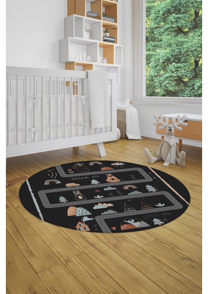 Kaymaz Taban Yıkanabilir Trafik Yollu Eğlendirici Yuvarlak Çocuk Odası Halısı, Y-Çocuk-16-Antrasit, fiyatları