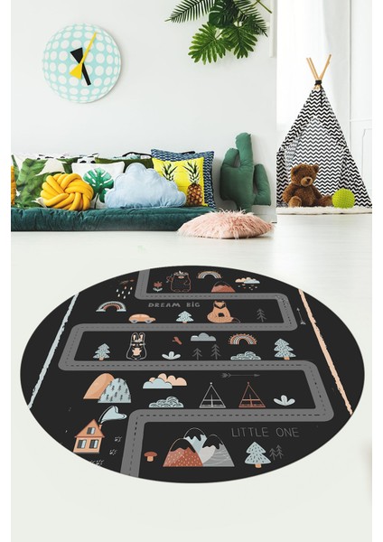 Kaymaz Taban Yıkanabilir Trafik Yollu Eğlendirici Yuvarlak Çocuk Odası Halısı, Y-Çocuk-16-Antrasit, indirimleri