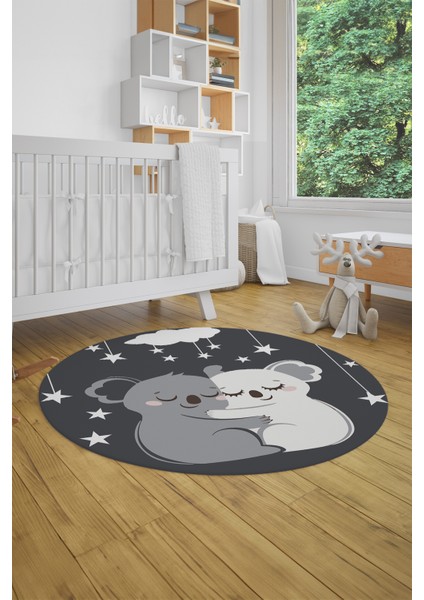 Dijital Baskılı Kaymaz Yıkanabilir Kuala Desenli Yuvarlak Çocuk Odası Halısı, Y-Çocuk-22-Antrasit,