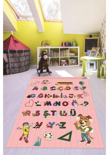 Dijital Baskılı Kaymaz Yıkanabilir Alfabe Eğitici Çocuk Odası Oyun Halısı, Çocuk-33-Pembe,