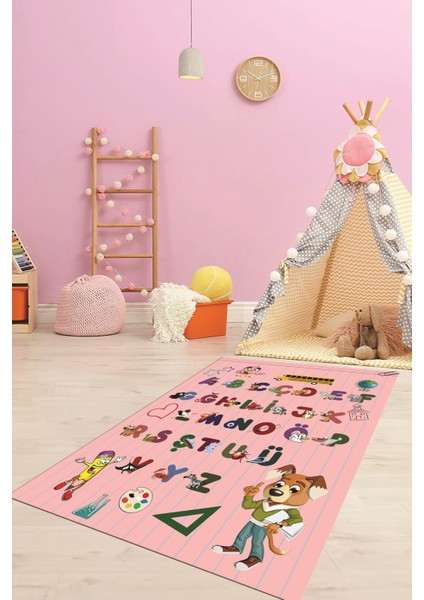 Dijital Baskılı Kaymaz Yıkanabilir Alfabe Eğitici Çocuk Odası Oyun Halısı, Çocuk-33-Pembe, indirimleri