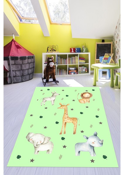 Dijital Baskılı Kaymaz Yıkanabilir Zürafa Fil Aslan Çocuk Odası Halısı, Çocuk-35-Yeşil,
