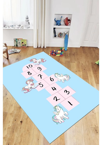 Unicornlu Sek Sek Desen Yıkanabilir Eğlenceli Çocuk Odası Oyun Halısı, Çocuk-37-Mavi, modelleri