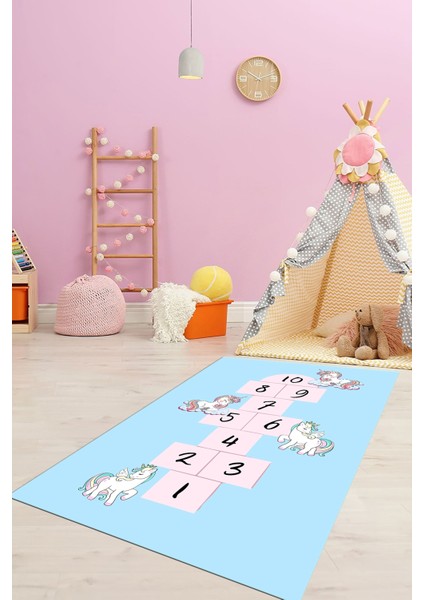 Unicornlu Sek Sek Desen Yıkanabilir Eğlenceli Çocuk Odası Oyun Halısı, Çocuk-37-Mavi, indirimleri
