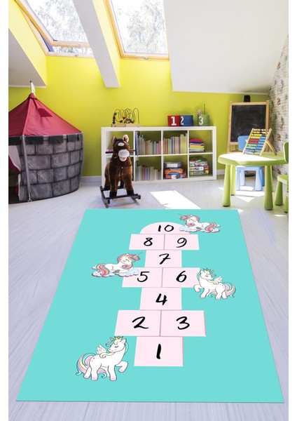 Unicornlu Sek Sek Desen Yıkanabilir Eğlenceli Çocuk Odası Oyun Halısı, Çocuk-37-Turkuaz,