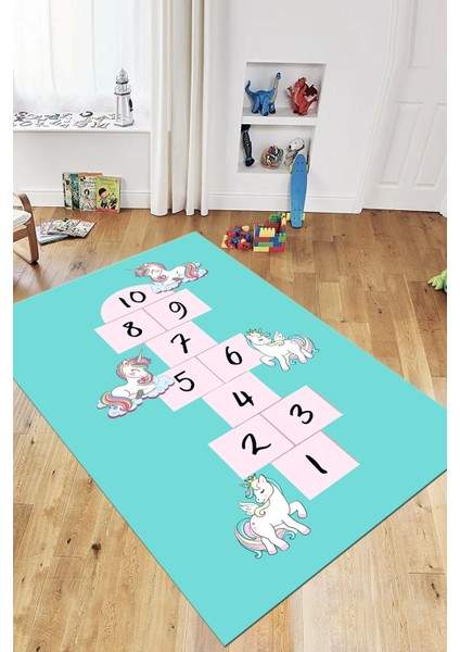 Unicornlu Sek Sek Desen Yıkanabilir Eğlenceli Çocuk Odası Oyun Halısı, Çocuk-37-Turkuaz, modelleri