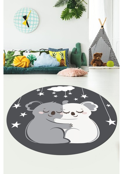Dijital Baskılı Kaymaz Yıkanabilir Kuala Desenli Yuvarlak Çocuk Odası Halısı, Y-Çocuk-22-Antrasit, fırsatları