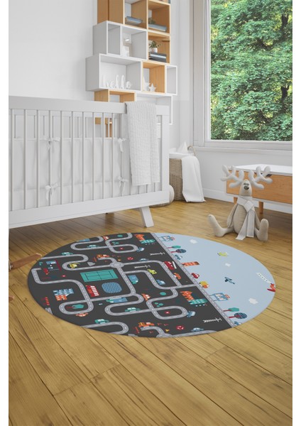 Dijital Kaymaz Yıkanabilir Şehir Trafik Temalı Yuvarlak Çocuk Odası Oyun Halısı, Y-Çocuk-19-Antrasit,
