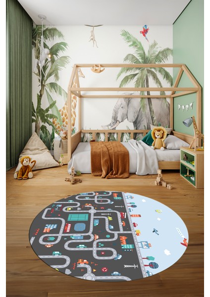 Dijital Kaymaz Yıkanabilir Şehir Trafik Temalı Yuvarlak Çocuk Odası Oyun Halısı, Y-Çocuk-19-Antrasit, modelleri