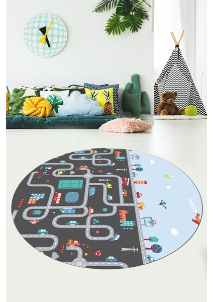 Dijital Kaymaz Yıkanabilir Şehir Trafik Temalı Yuvarlak Çocuk Odası Oyun Halısı, Y-Çocuk-19-Antrasit, fırsatları
