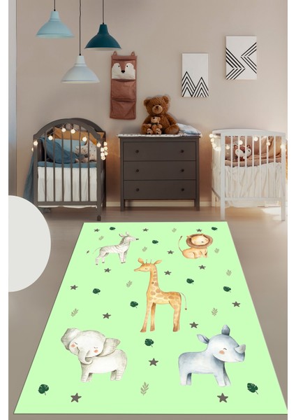 Dijital Baskılı Kaymaz Yıkanabilir Zürafa Fil Aslan Çocuk Odası Halısı, Çocuk-35-Yeşil, fiyatları