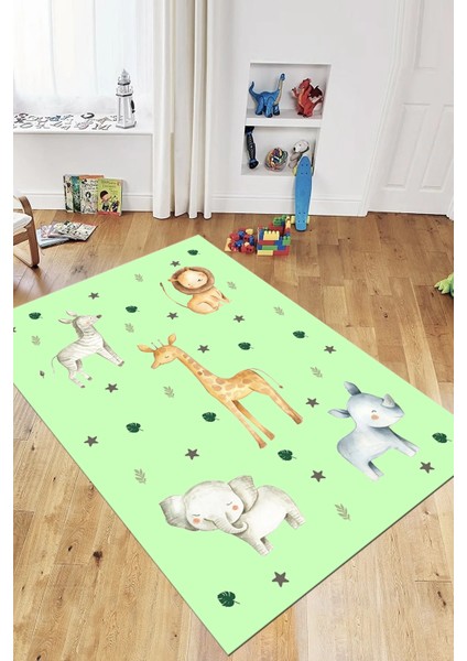Dijital Baskılı Kaymaz Yıkanabilir Zürafa Fil Aslan Çocuk Odası Halısı, Çocuk-35-Yeşil, modelleri