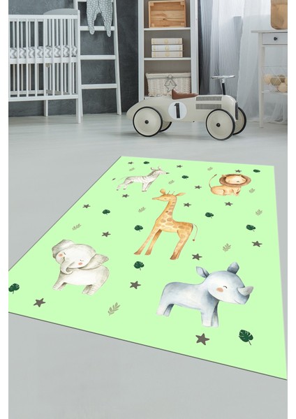 Dijital Baskılı Kaymaz Yıkanabilir Zürafa Fil Aslan Çocuk Odası Halısı, Çocuk-35-Yeşil, fırsatları