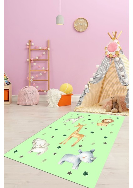 Dijital Baskılı Kaymaz Yıkanabilir Zürafa Fil Aslan Çocuk Odası Halısı, Çocuk-35-Yeşil, indirimleri