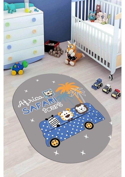 Dijital Baskılı Kaymaz Yıkanabilir Otobüs Safari Desen Oval Çocuk Odası Halısı, O-Çocuk-01-Mavi, fiyatları