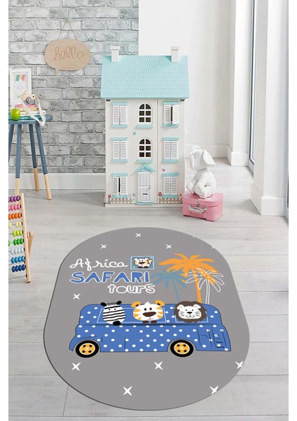 Dijital Baskılı Kaymaz Yıkanabilir Otobüs Safari Desen Oval Çocuk Odası Halısı, O-Çocuk-01-Mavi, modelleri