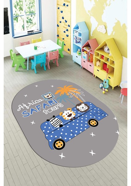 Dijital Baskılı Kaymaz Yıkanabilir Otobüs Safari Desen Oval Çocuk Odası Halısı, O-Çocuk-01-Mavi, fırsatları