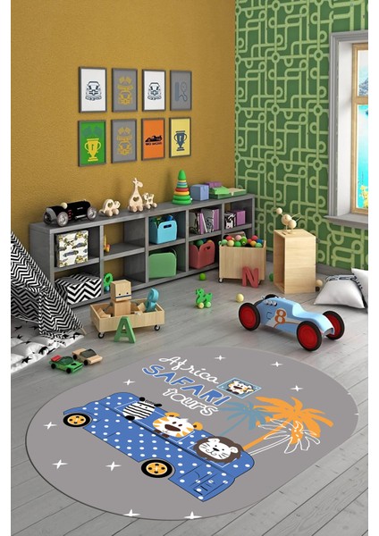 Dijital Baskılı Kaymaz Yıkanabilir Otobüs Safari Desen Oval Çocuk Odası Halısı, O-Çocuk-01-Mavi, indirimleri