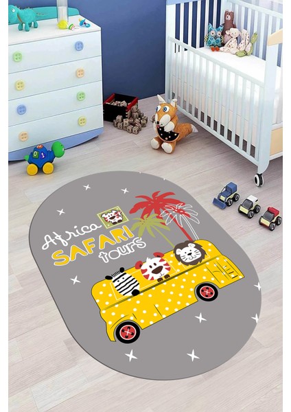 Dijital Baskılı Kaymaz Yıkanabilir Otobüs Safari Desen Oval Çocuk Odası Halısı, O-Çocuk-01-Sarı, fiyatları