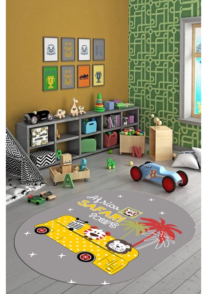 Dijital Baskılı Kaymaz Yıkanabilir Otobüs Safari Desen Oval Çocuk Odası Halısı, O-Çocuk-01-Sarı, indirimleri